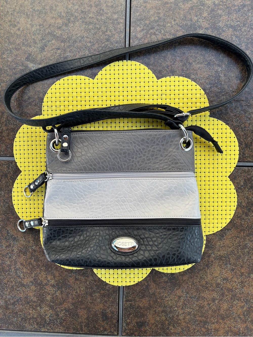 Rosetti Colorblock Crossbody Bag featuring a tri-tone gray, white, and black